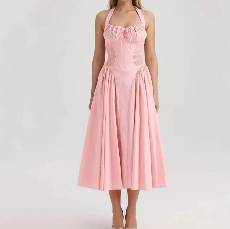 Halter Neck Corset Fit and Flare A-Line Midi Dress