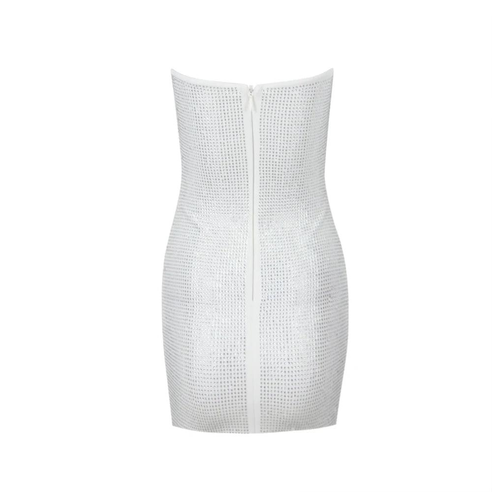 Strapless Rhinestone 3D Rose Applique Cut Out Bodycon Mini Dress
