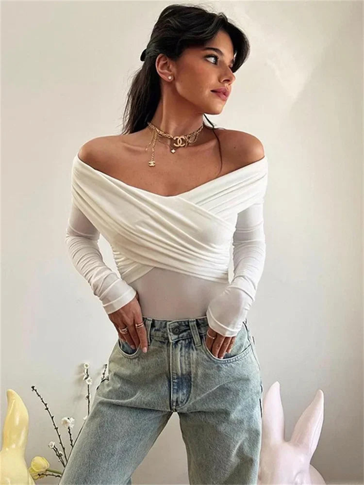 Off Shoulder Crossover Draped Long Sleeve Top