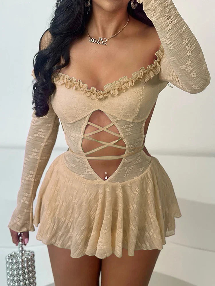Off Shoulder Long Sleeve Lace Up Cut Out Ruffle Mini Dress