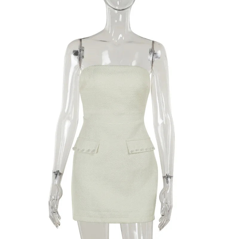 Tweed Faux Pearl Trim Cropped Jacket and Strapless Mini Dress Two Piece Set 10
