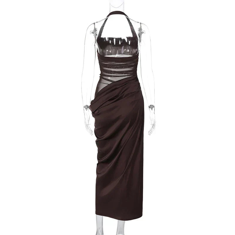 Mesh Halter Neck Backless Ruched Bodycon Maxi Dress