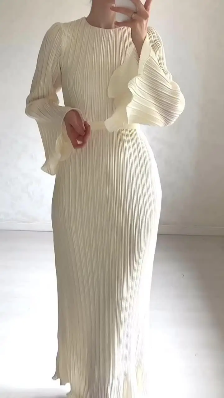 Plissé Pleated Long Sleeve Ruffle Cuff High Neck Bodycon Maxi Dress
