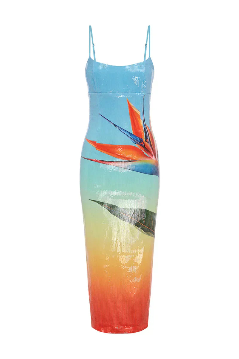 Sequin Floral Square Neck Spaghetti Strap Bodycon Maxi Dress
