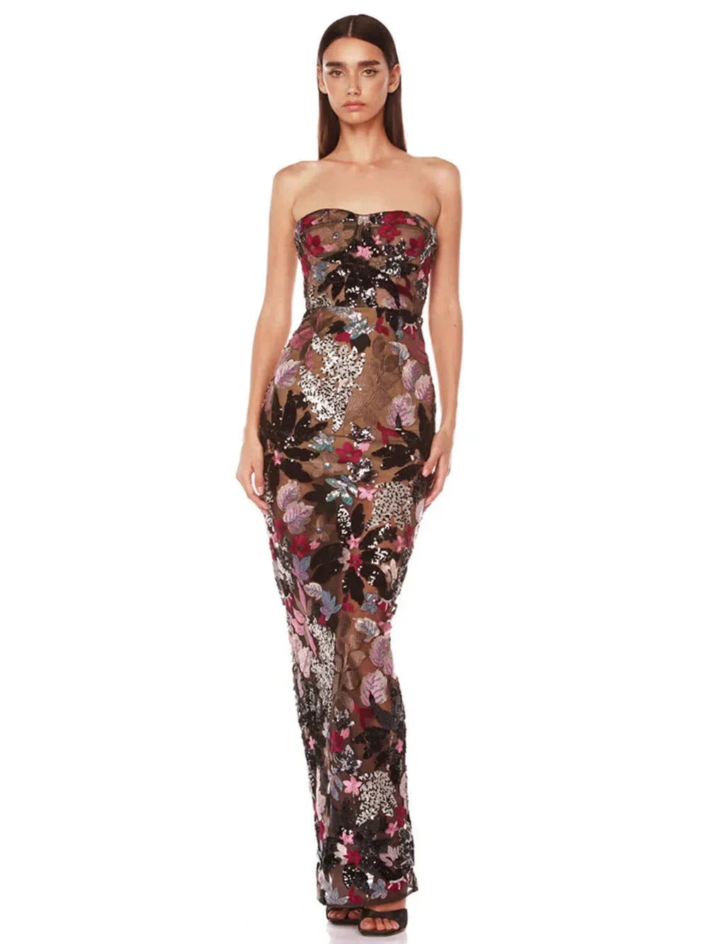 Sequin Floral Strapless Sweetheart Bodycon Maxi Dress