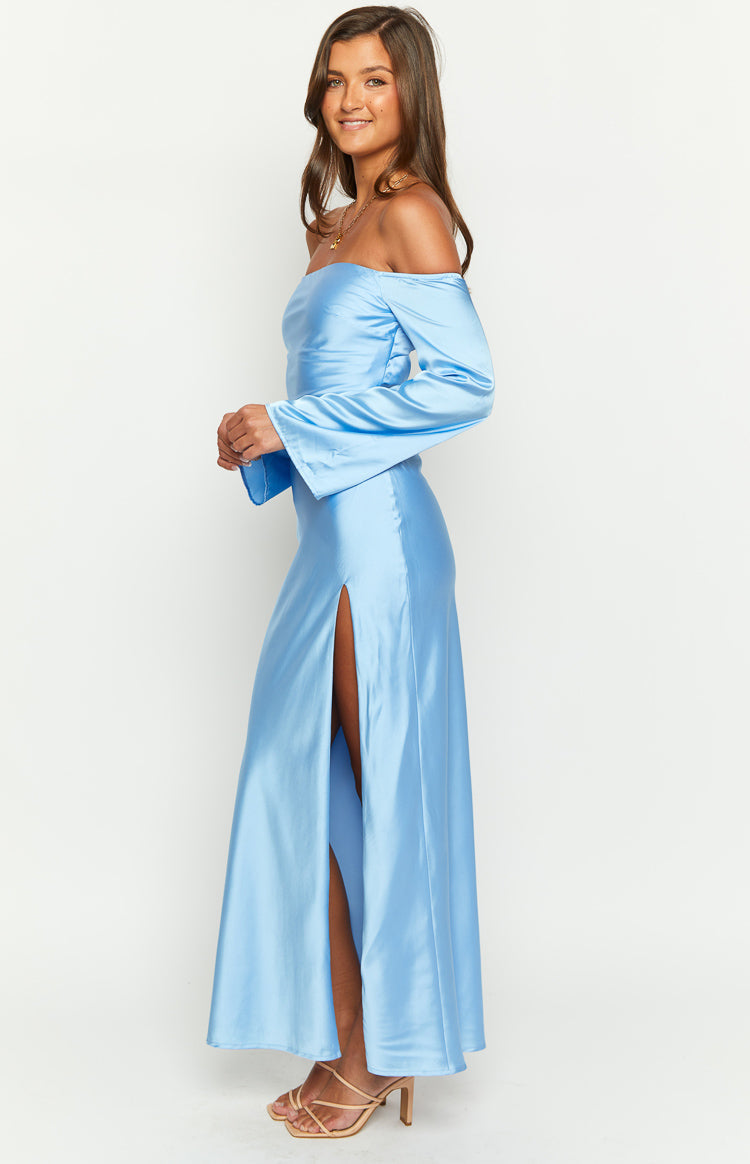 Satin Off Shoulder Long Bell Sleeve High Split Maxi Dress 2