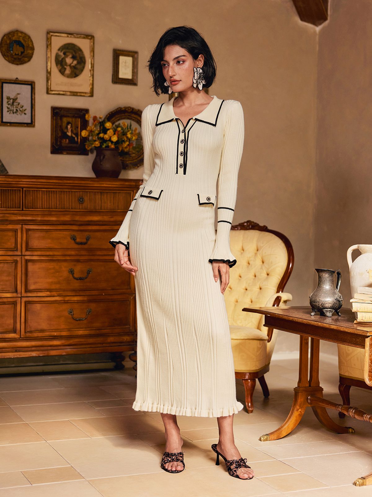 Long Sleeve Ruffle Button Knitted Midi Dress In Apricot