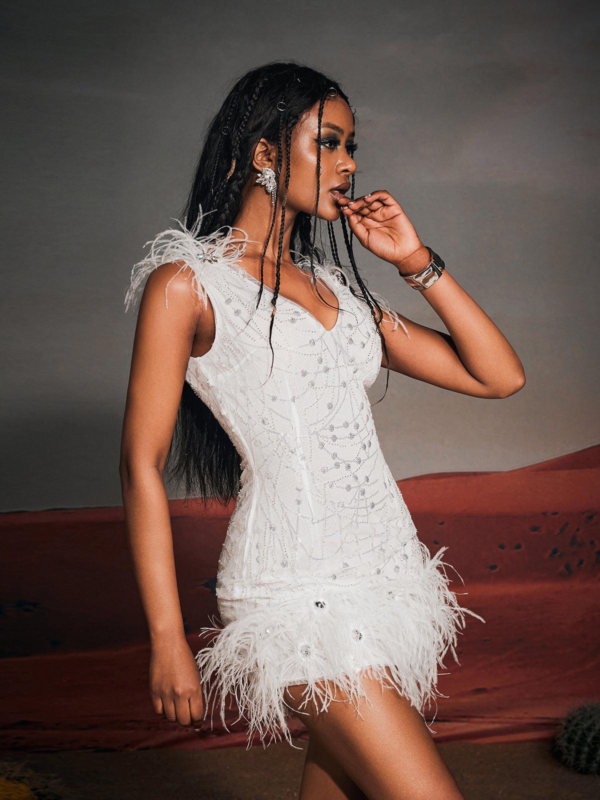 Sequin V-Neck Sleeveless Feather Trim Bodycon Mini Dress