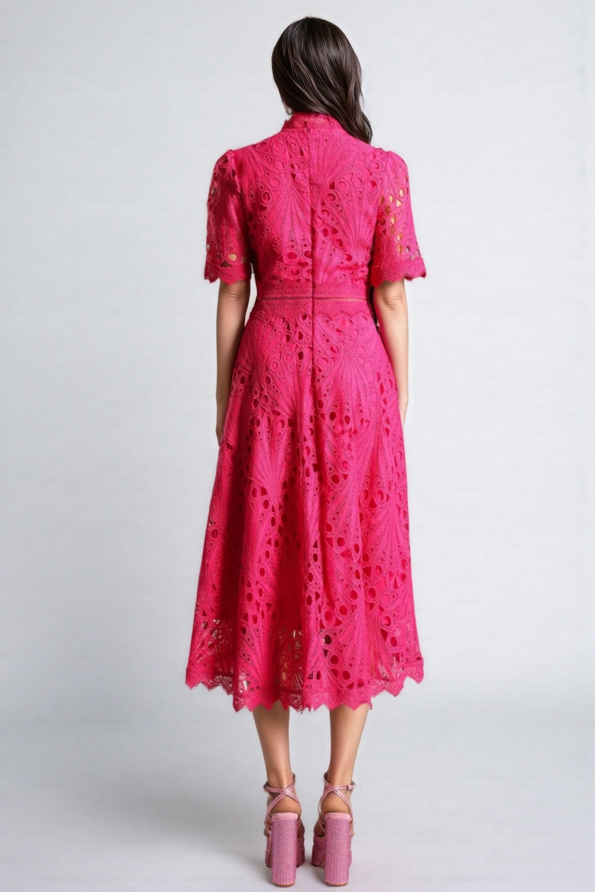 Eyelet Lace Mock Neck Short Sleeve Scalloped Hem A-Line Midi Dress 5
