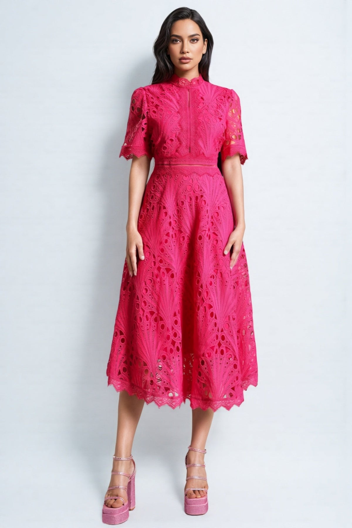 Eyelet Lace Mock Neck Short Sleeve Scalloped Hem A-Line Midi Dress