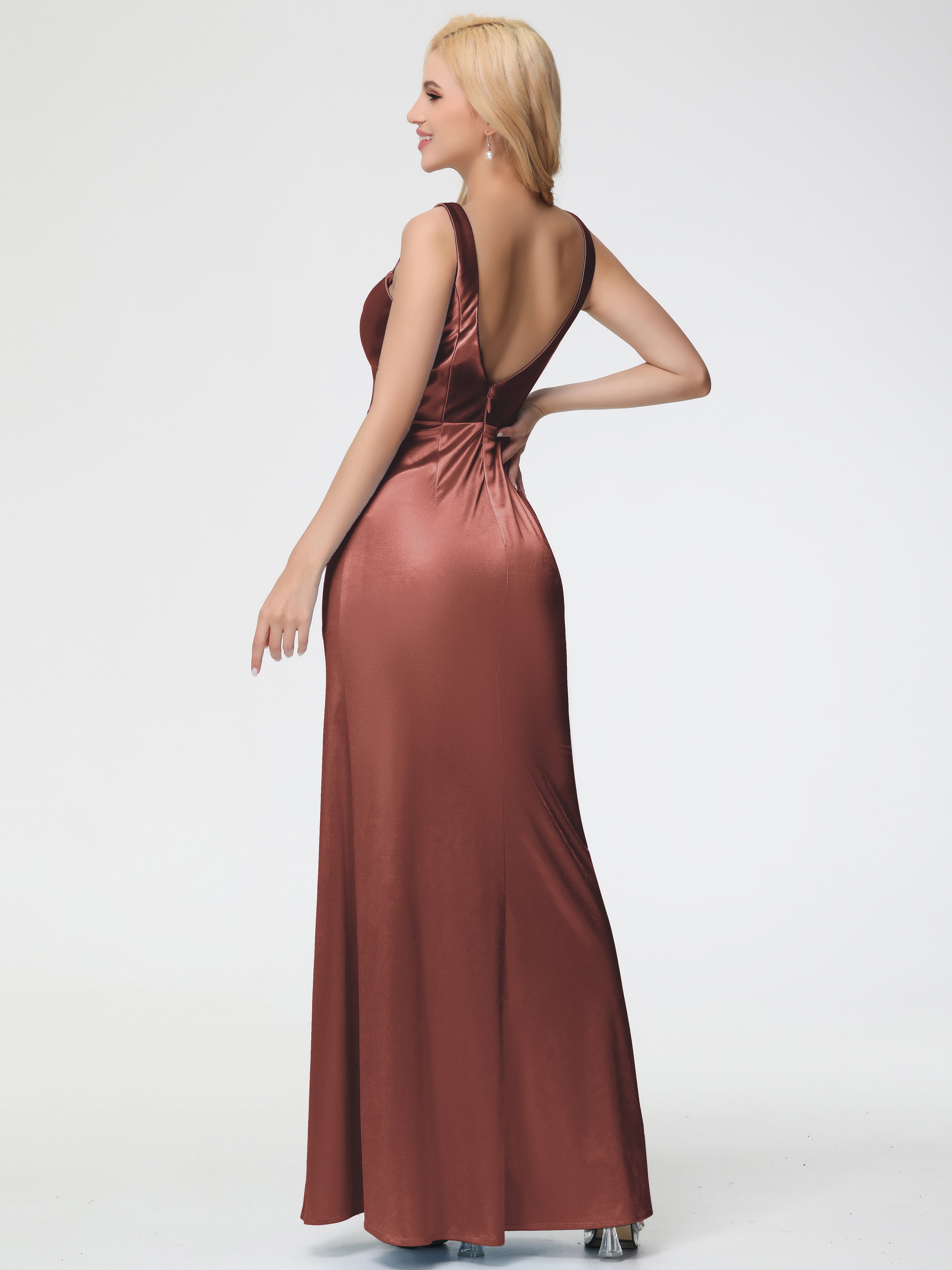 Silk Terracotta Formal Dresses Sheath/Column Straps V Back Floor Length Stretch Satin Formal Dress