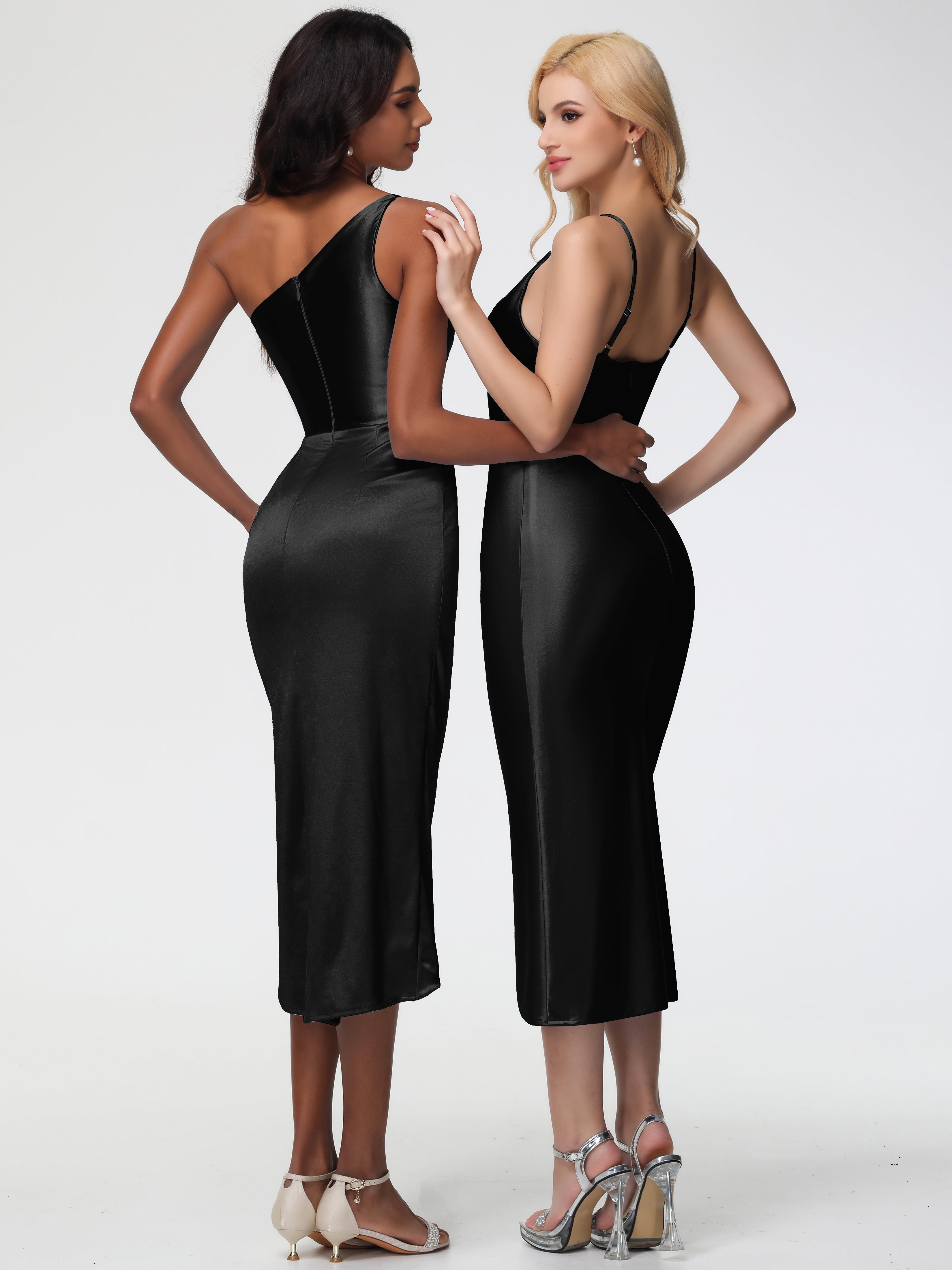 Black Stretch Sleeveless Cowl Formal Dress Sheath/Column Straps Cowl Neck Tea Length Stretch Satin Formal Dress