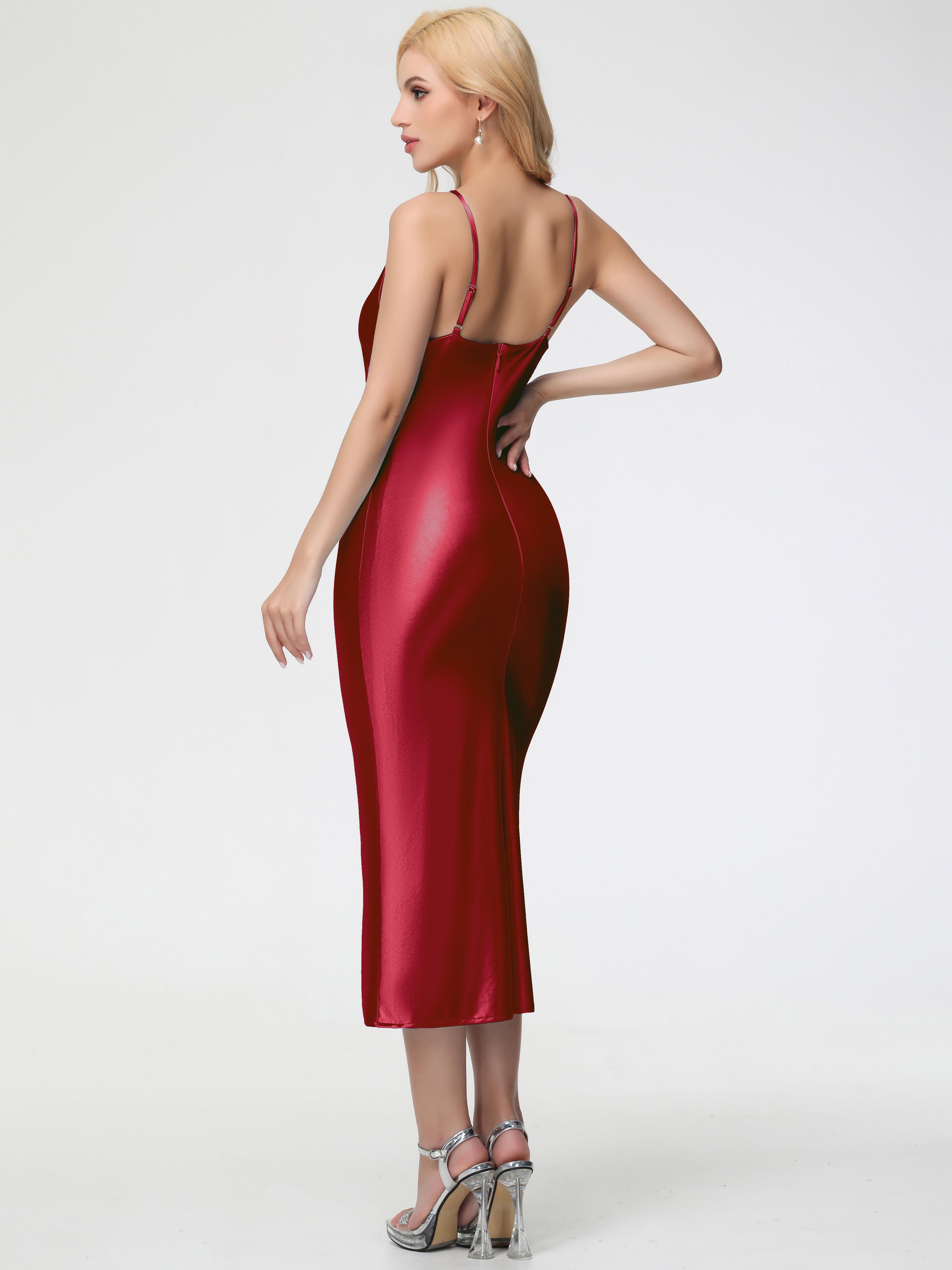 Formal Dresses Burgundy Sheath/Column Straps Cowl Neck Tea Length Stretch Satin Formal Dress