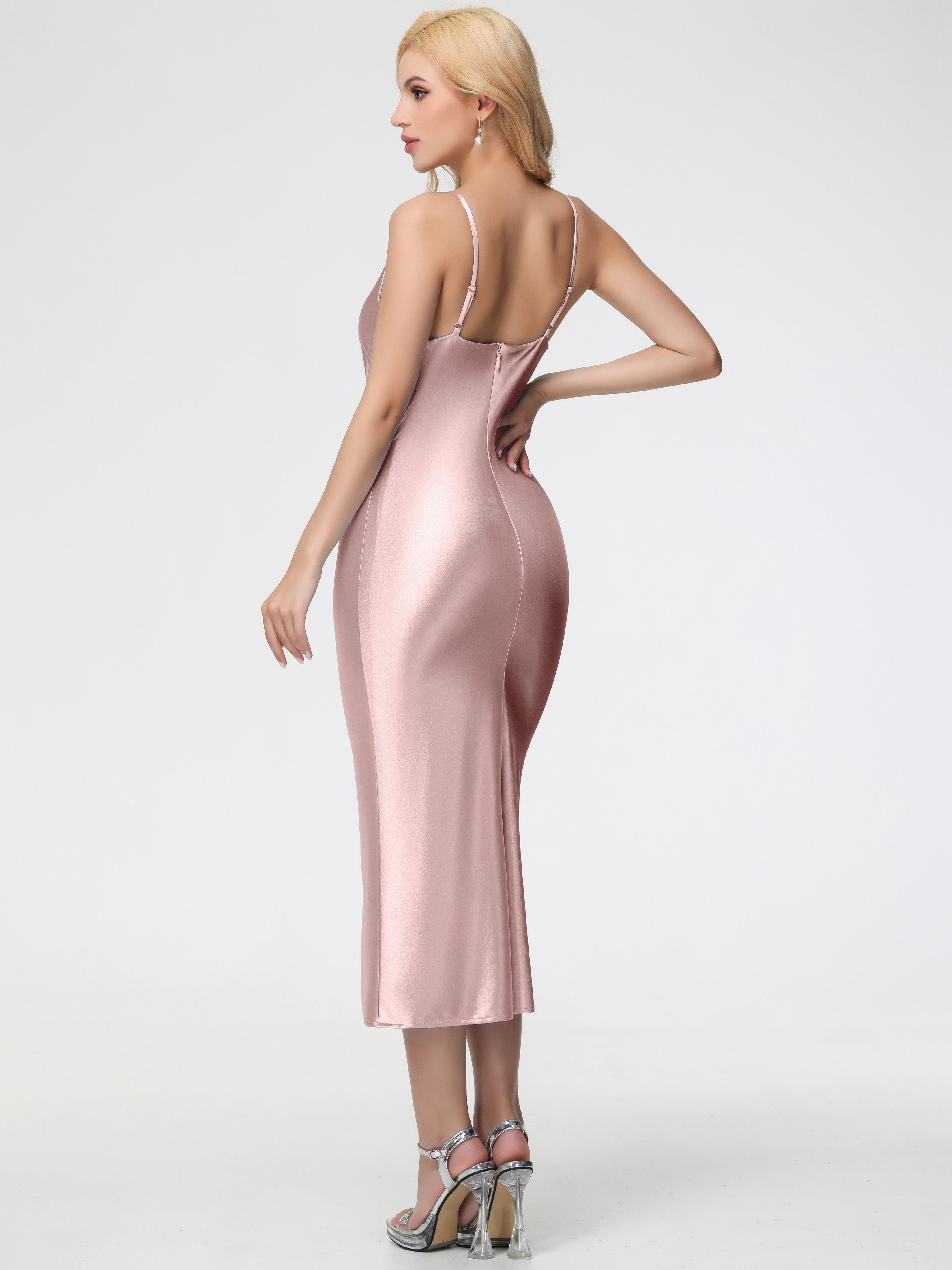 Dusty Rose Midi Formal Dresses Sheath/Column Straps Cowl Neck Tea Length Stretch Satin Formal Dress