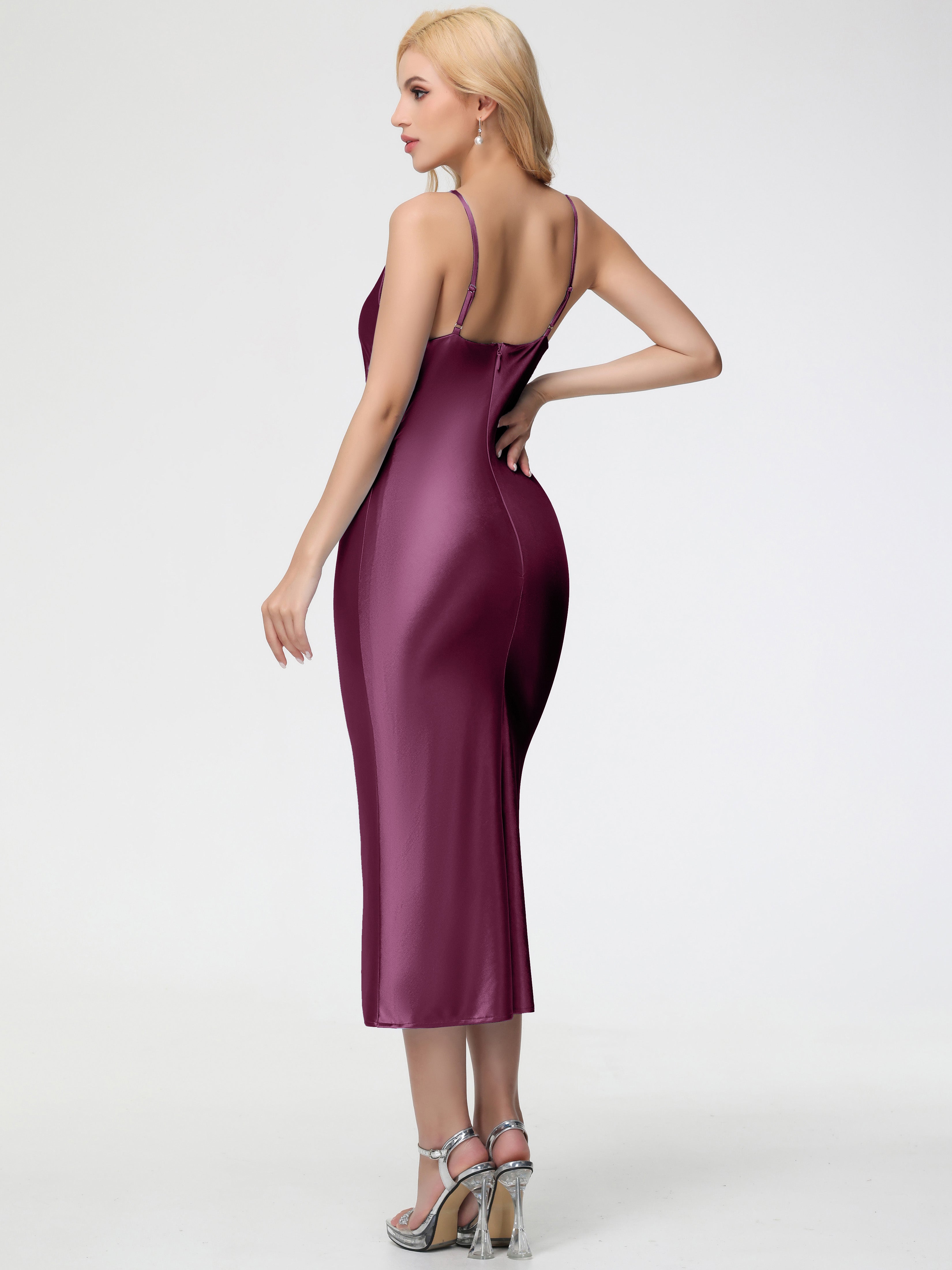 Mulberry Formal Dress Sheath/Column Straps Cowl Neck Tea Length Stretch Satin Formal Dress