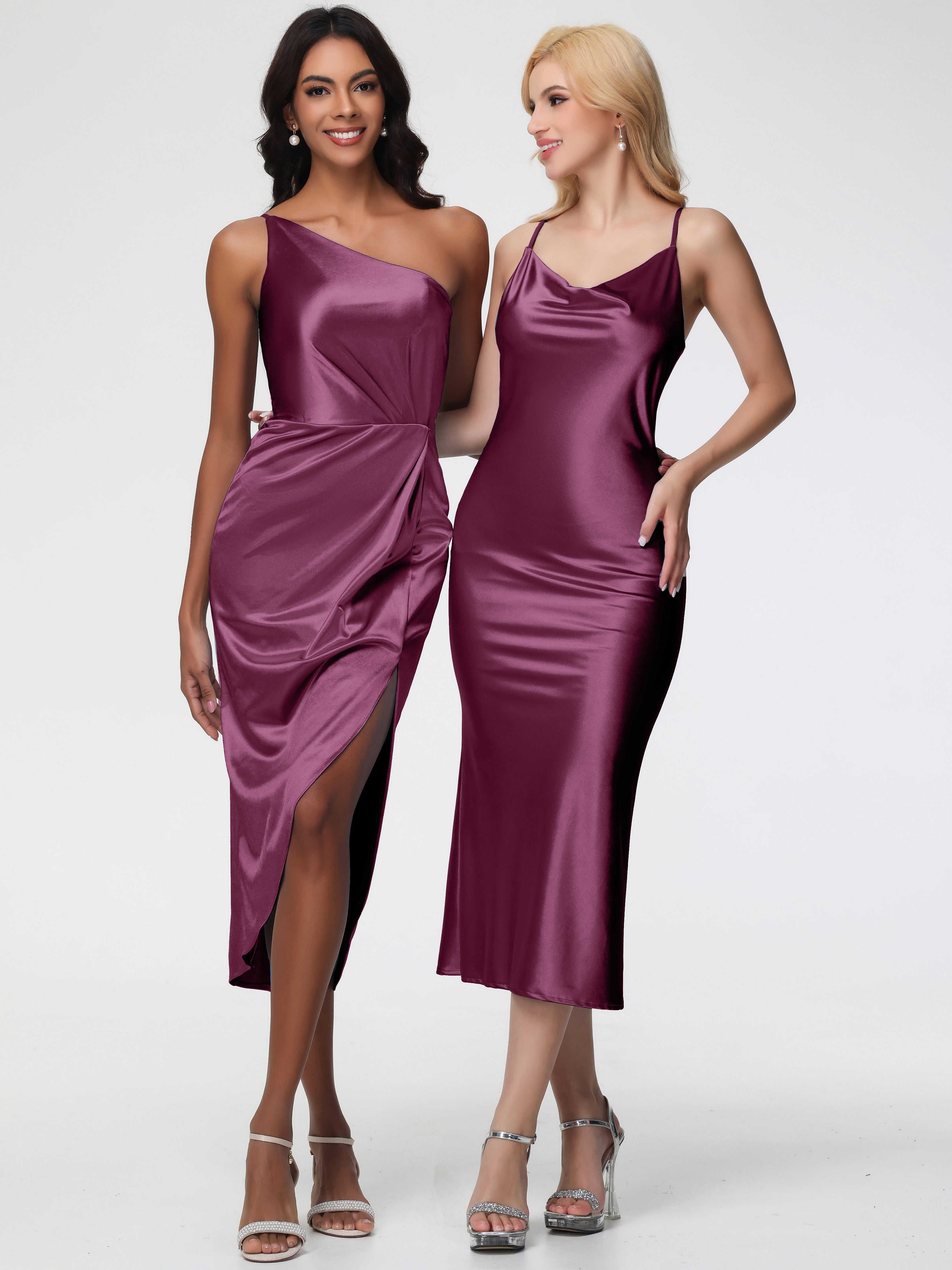 Mulberry Formal Dress Sheath/Column Straps Cowl Neck Tea Length Stretch Satin Formal Dress