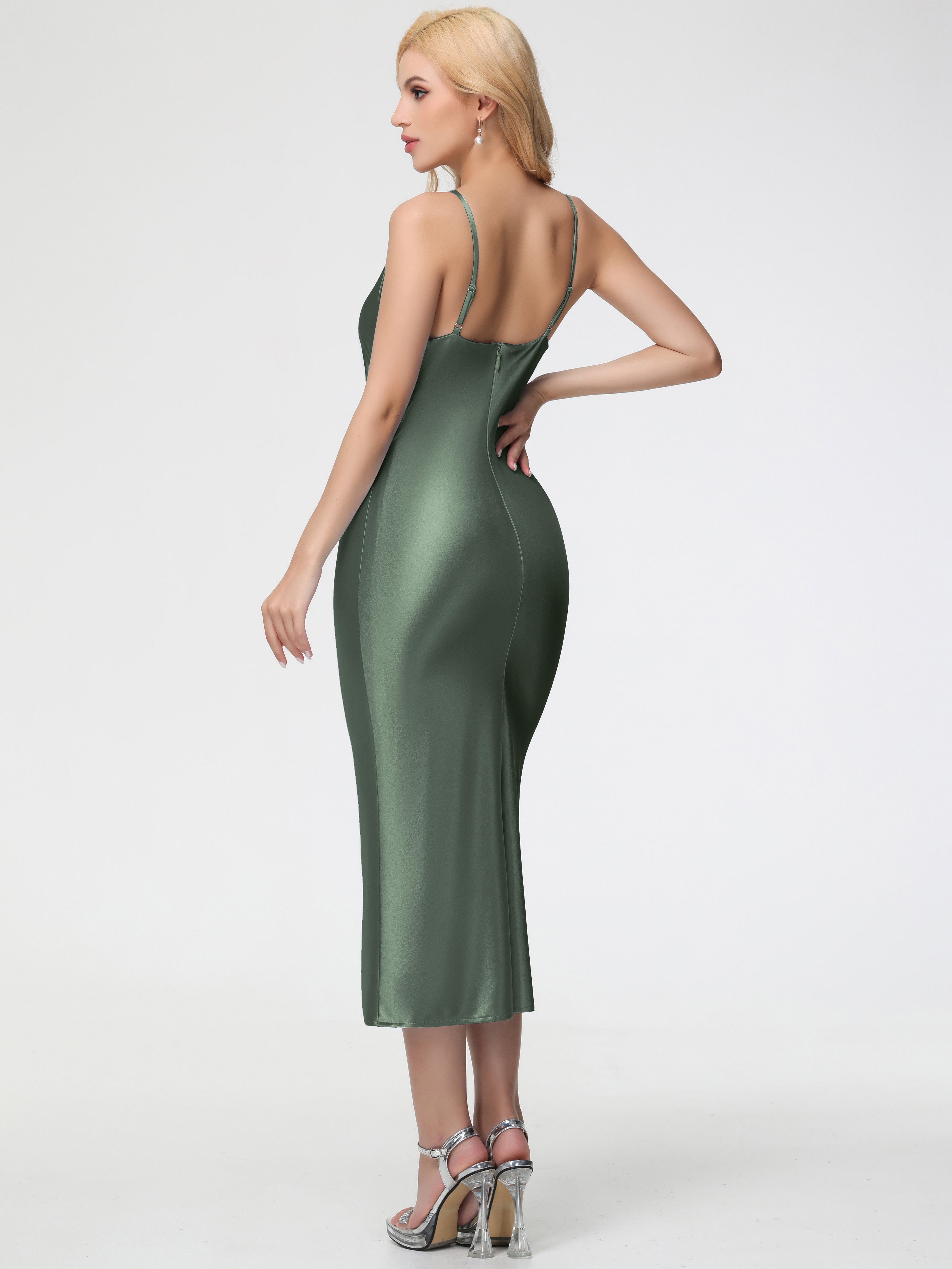 Long Olive Green Formal Dresses Sheath/Column Straps Cowl Neck Tea Length Stretch Satin Formal Dress