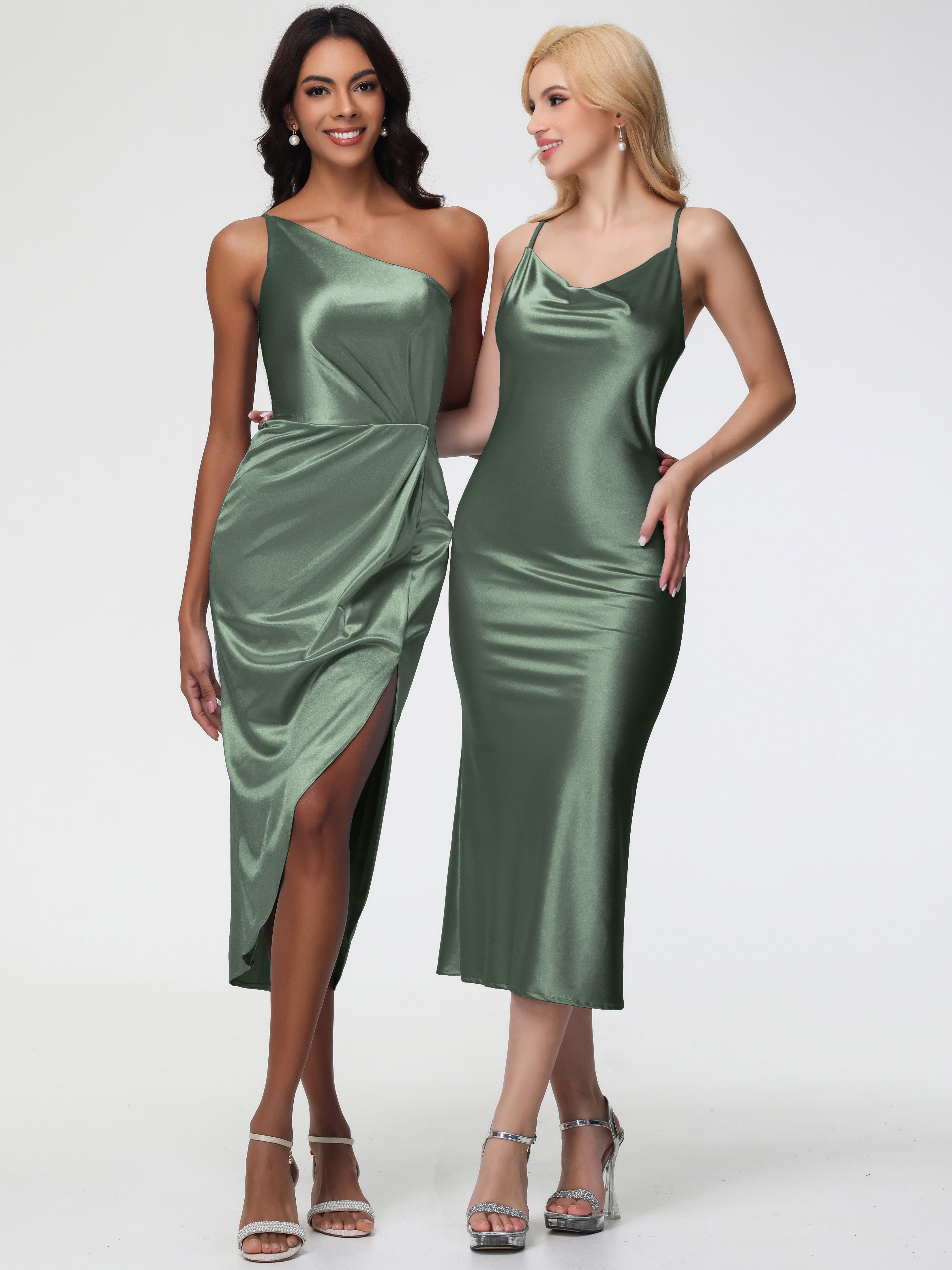 Long Olive Green Formal Dresses Sheath/Column Straps Cowl Neck Tea Length Stretch Satin Formal Dress