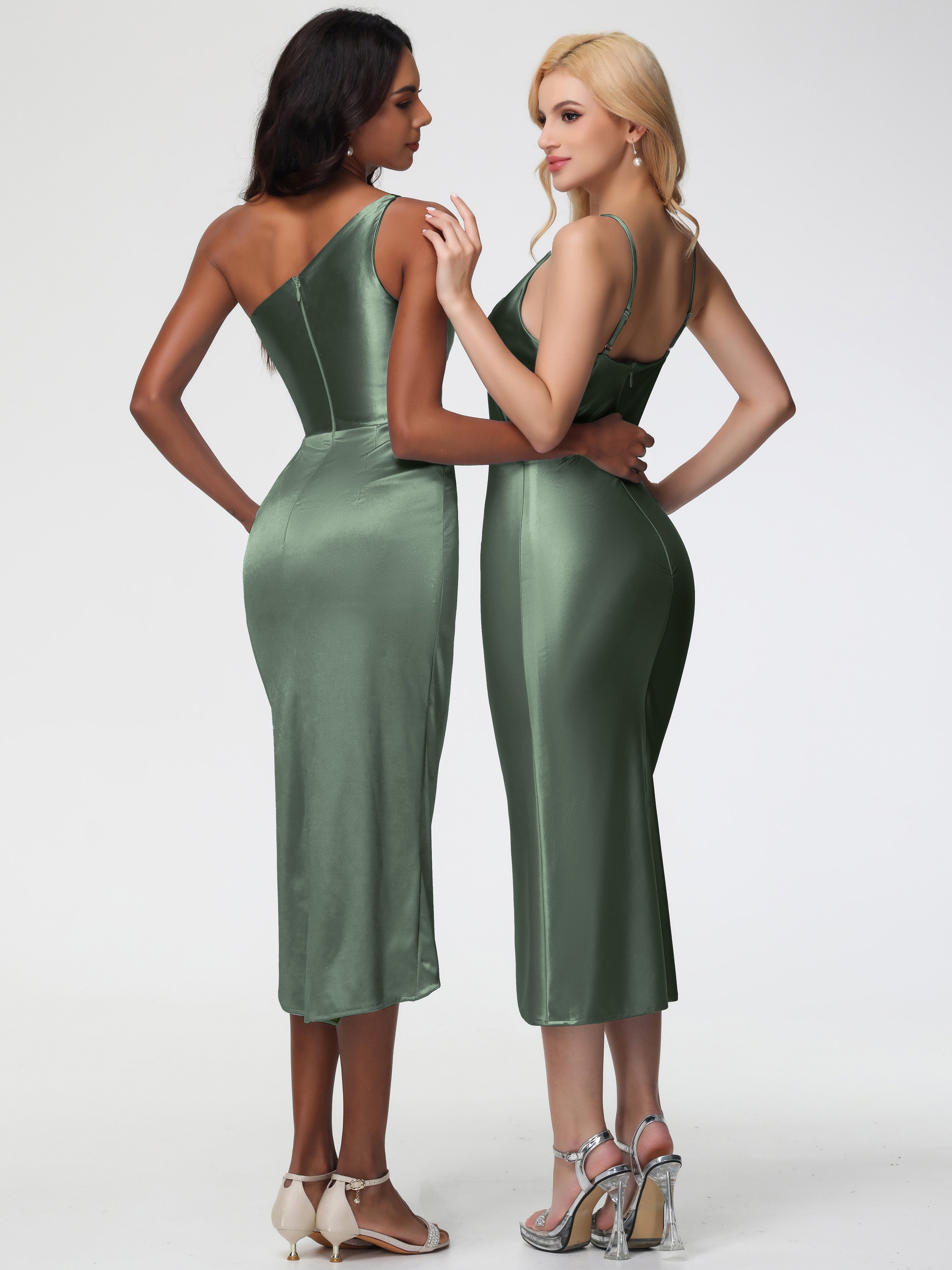 Long Olive Green Formal Dresses Sheath/Column Straps Cowl Neck Tea Length Stretch Satin Formal Dress