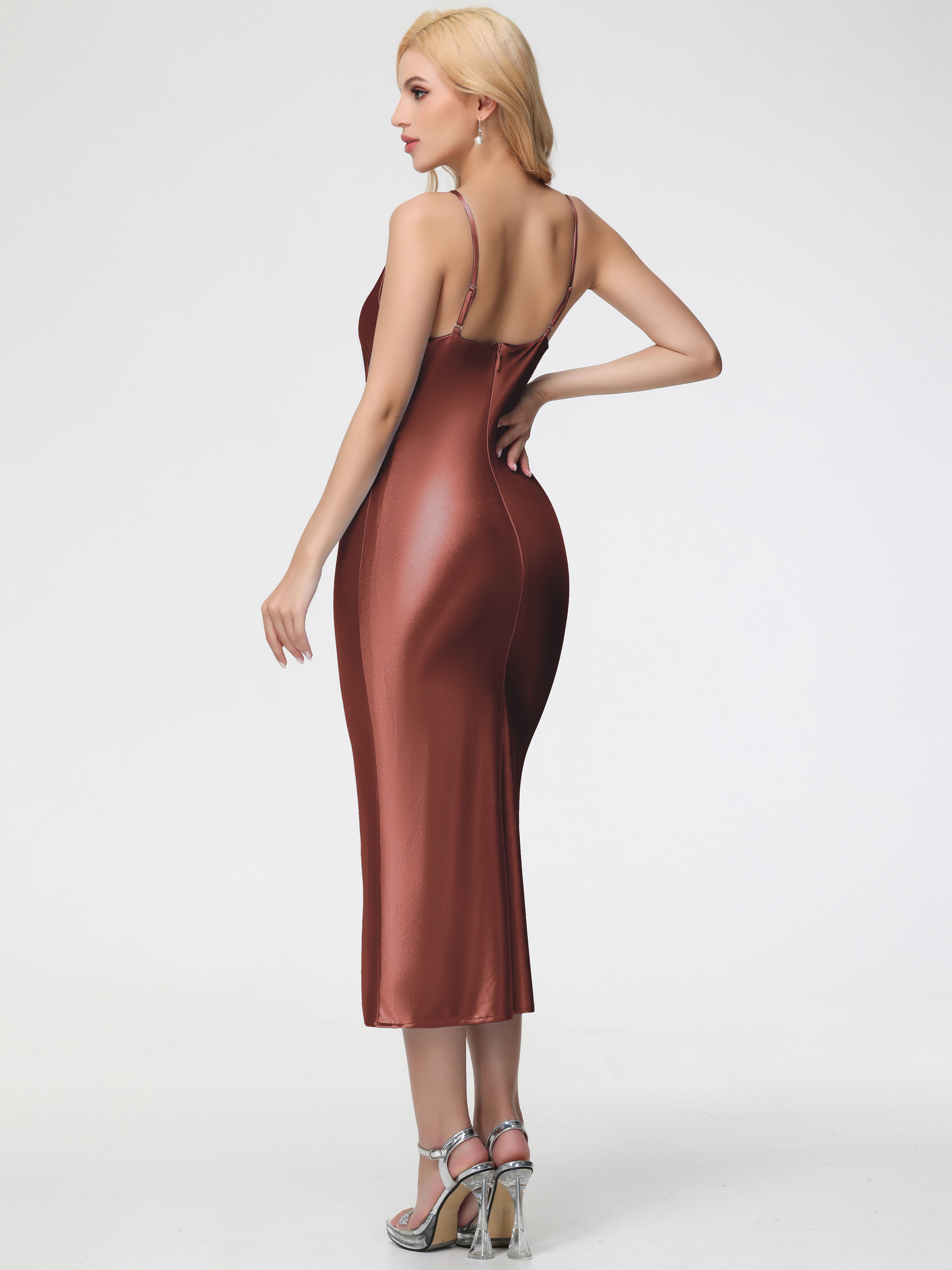 Terracotta Color Formal Dresses Sheath/Column Straps Cowl Neck Tea Length Stretch Satin Formal Dress
