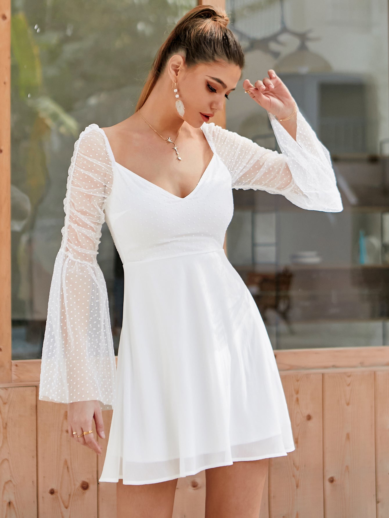 Swiss Dot Mesh Deep V-Neck Ruched Bell Sleeve Fit and Flare Mini Dress