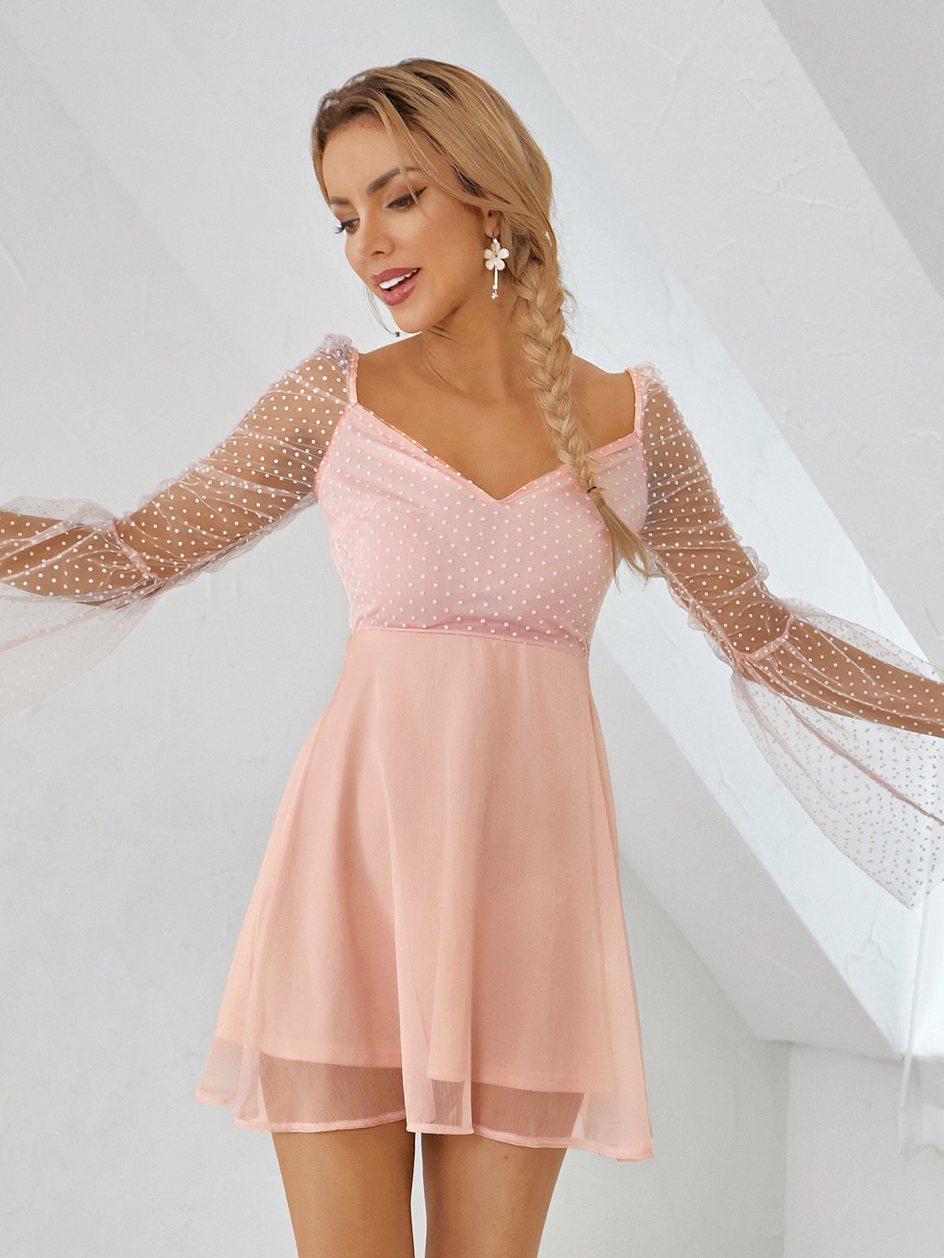 Swiss Dot Mesh Deep V-Neck Ruched Bell Sleeve Fit and Flare Mini Dress