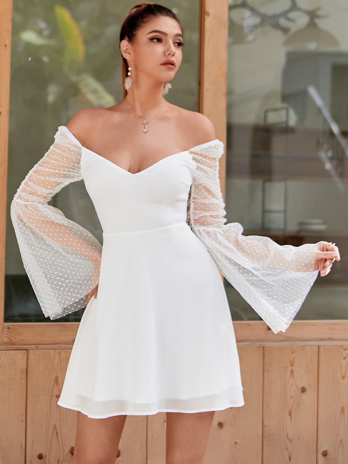 Swiss Dot Mesh Deep V-Neck Ruched Bell Sleeve Fit and Flare Mini Dress