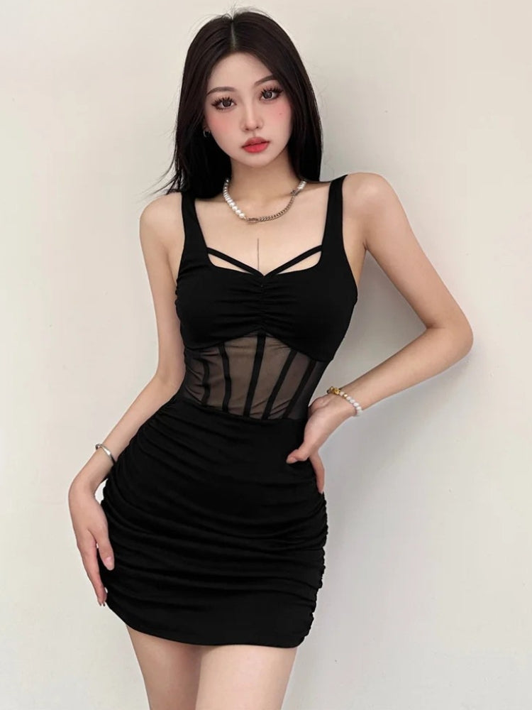 Mesh Corset Waist Cross Strap Ruched Bodycon Mini Dress