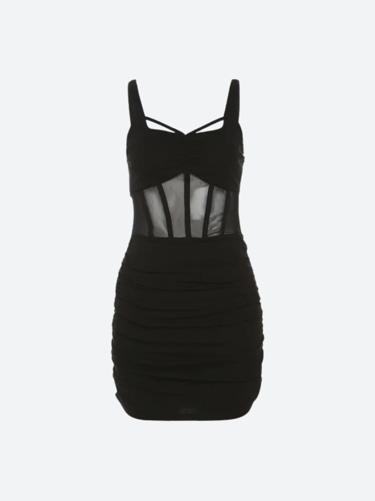 Mesh Corset Waist Cross Strap Ruched Bodycon Mini Dress