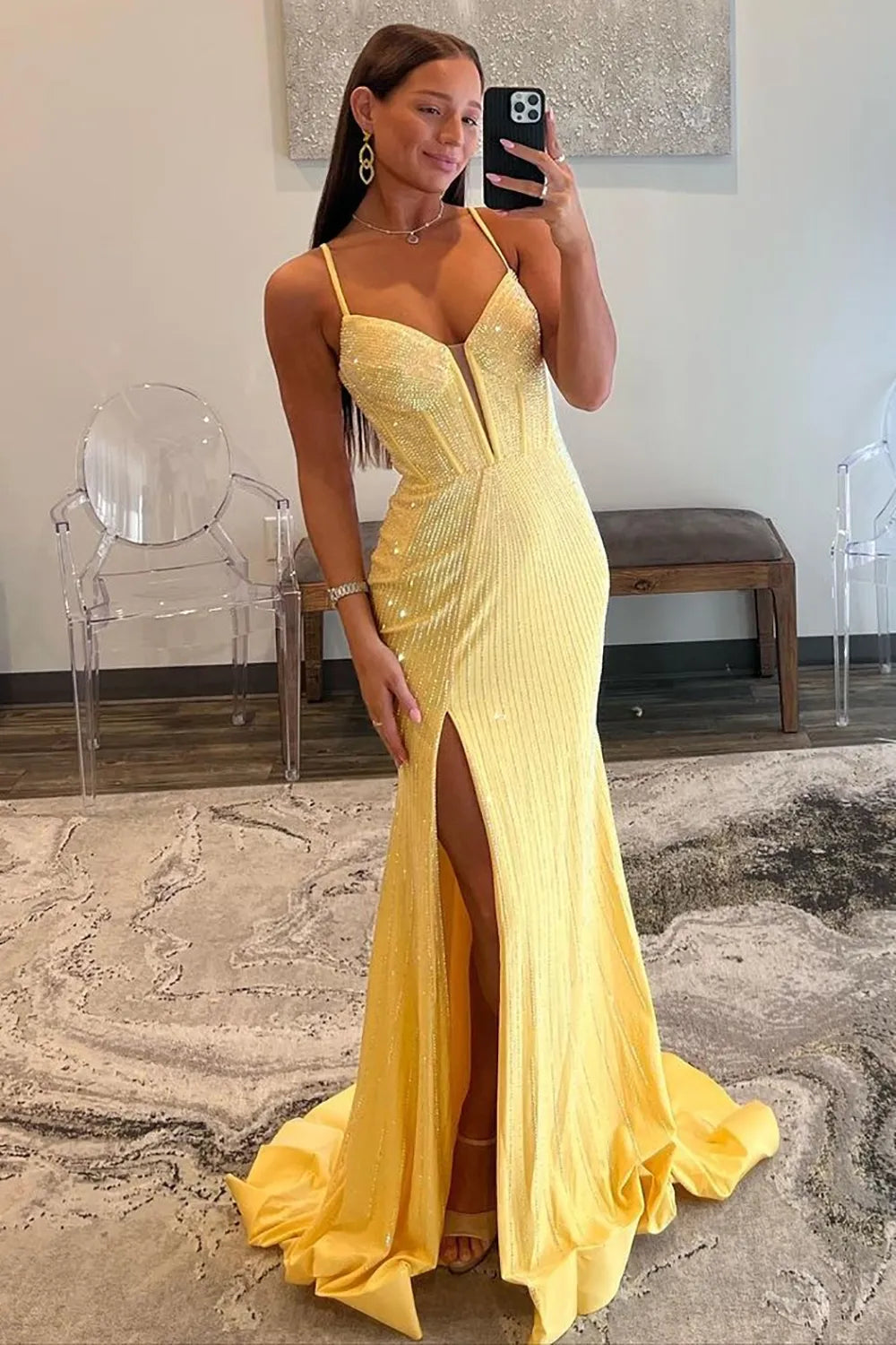 Gorgeous Red Spaghetti Straps Mermaid Long Beaded Prom Dress