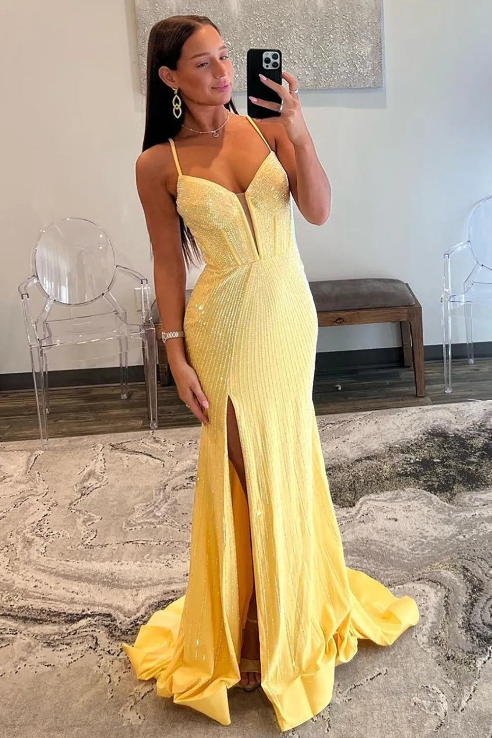 Gorgeous Red Spaghetti Straps Mermaid Long Beaded Prom Dress