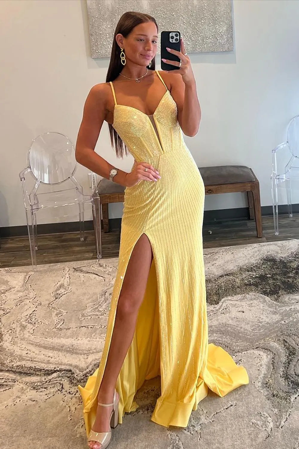 Gorgeous Red Spaghetti Straps Mermaid Long Beaded Prom Dress