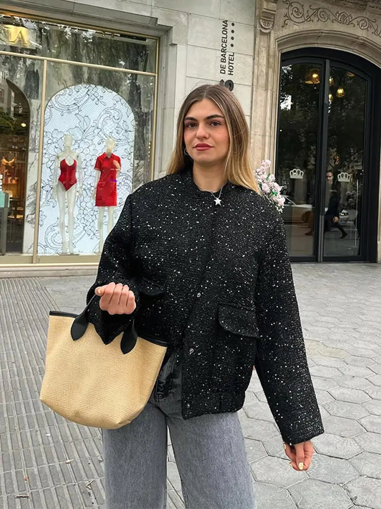 Sequin Tweed Flap Pocket Button Front Bomber Jacket