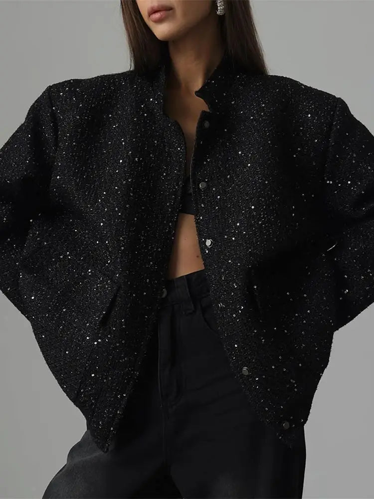 Sequin Tweed Flap Pocket Button Front Bomber Jacket 6