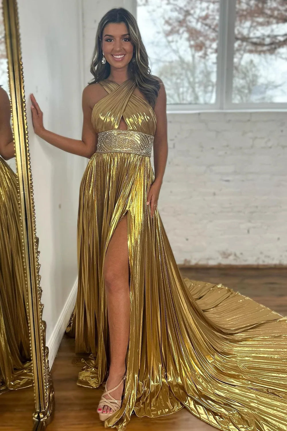 Shiny Gold A-Line Keyhole Back Long Prom Dress With Beaded Belt