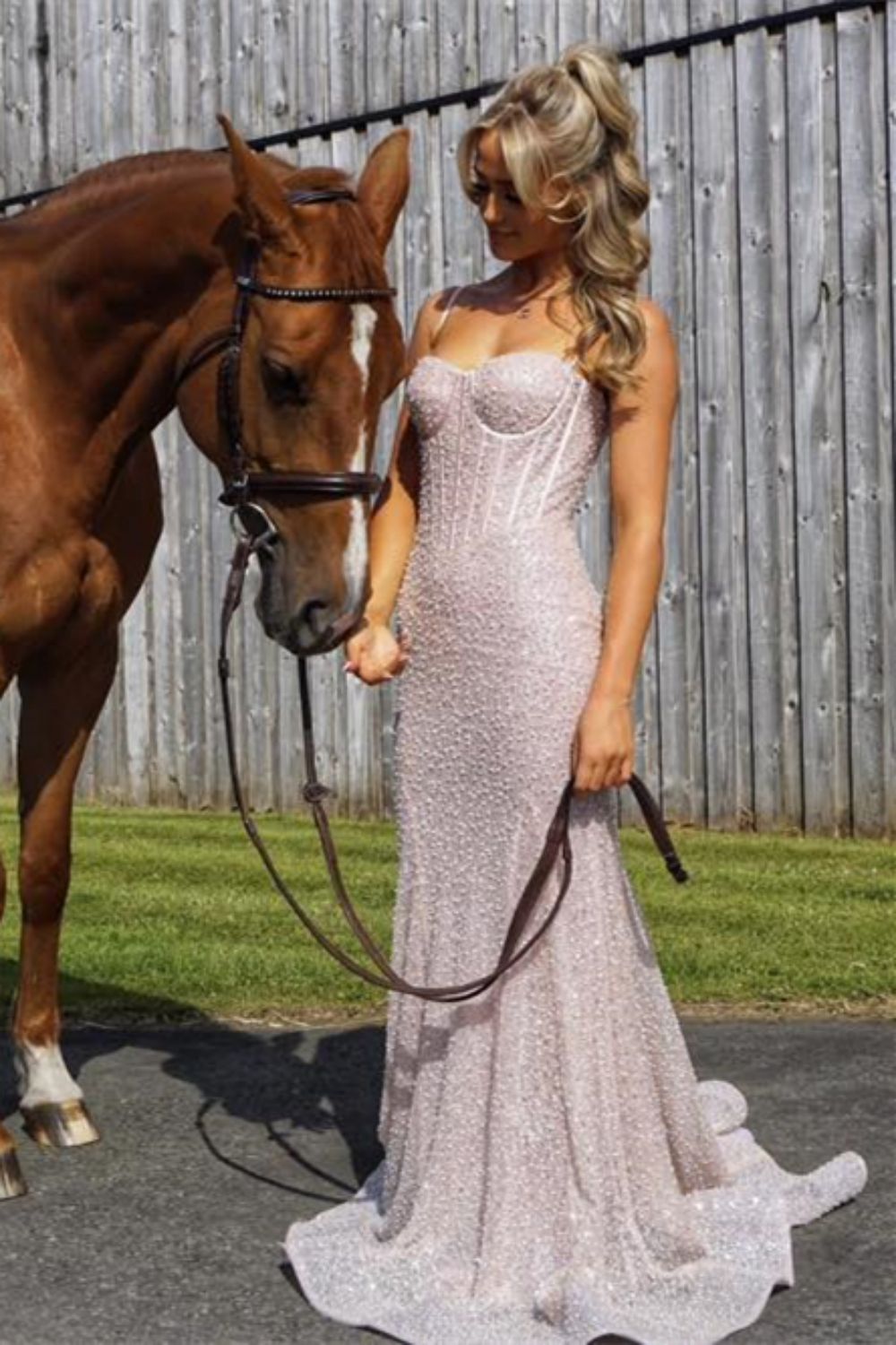 Shiny Light Blue Mermaid Spaghetti Straps Long Beaded Prom Dress