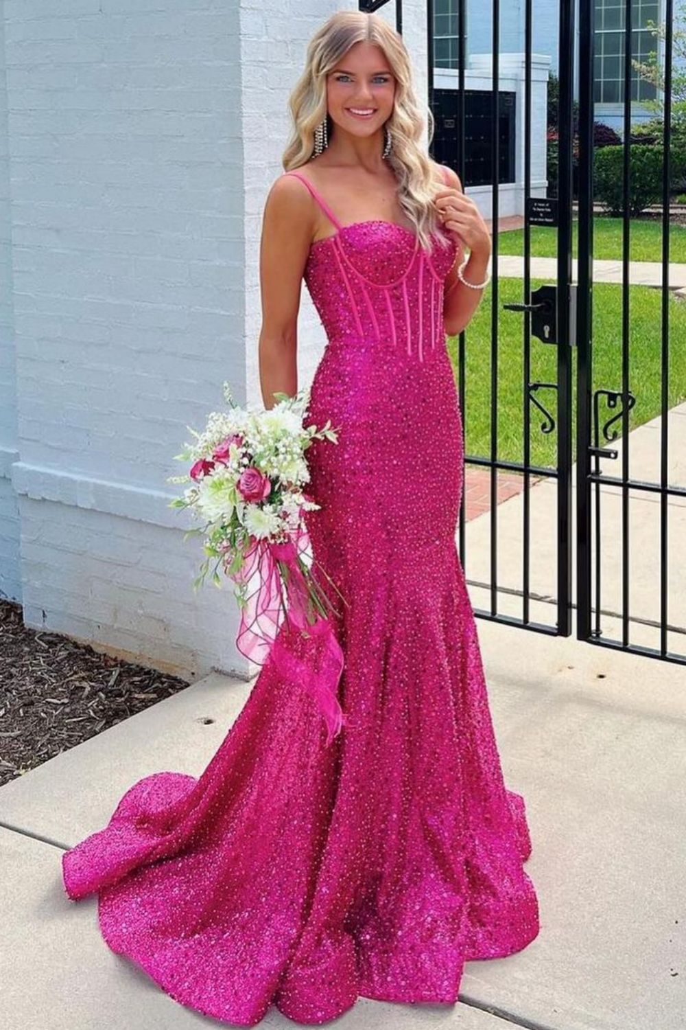 Shiny Light Blue Mermaid Spaghetti Straps Long Beaded Prom Dress