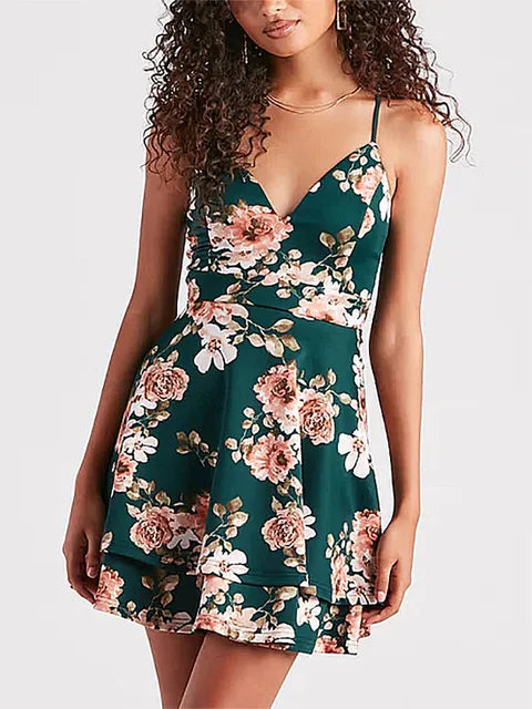 Floral Print Spaghetti Strap Deep V-Neck Tiered Skater Mini Cocktail Dress