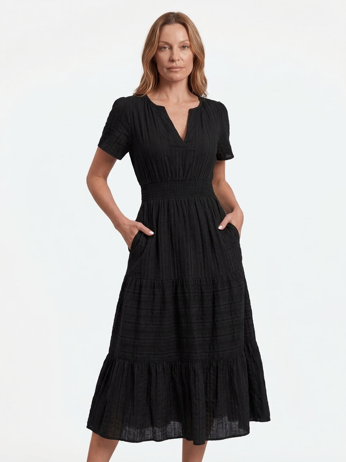 Split Neck Short Sleeve Smocked Tiered Midi Dress 13
