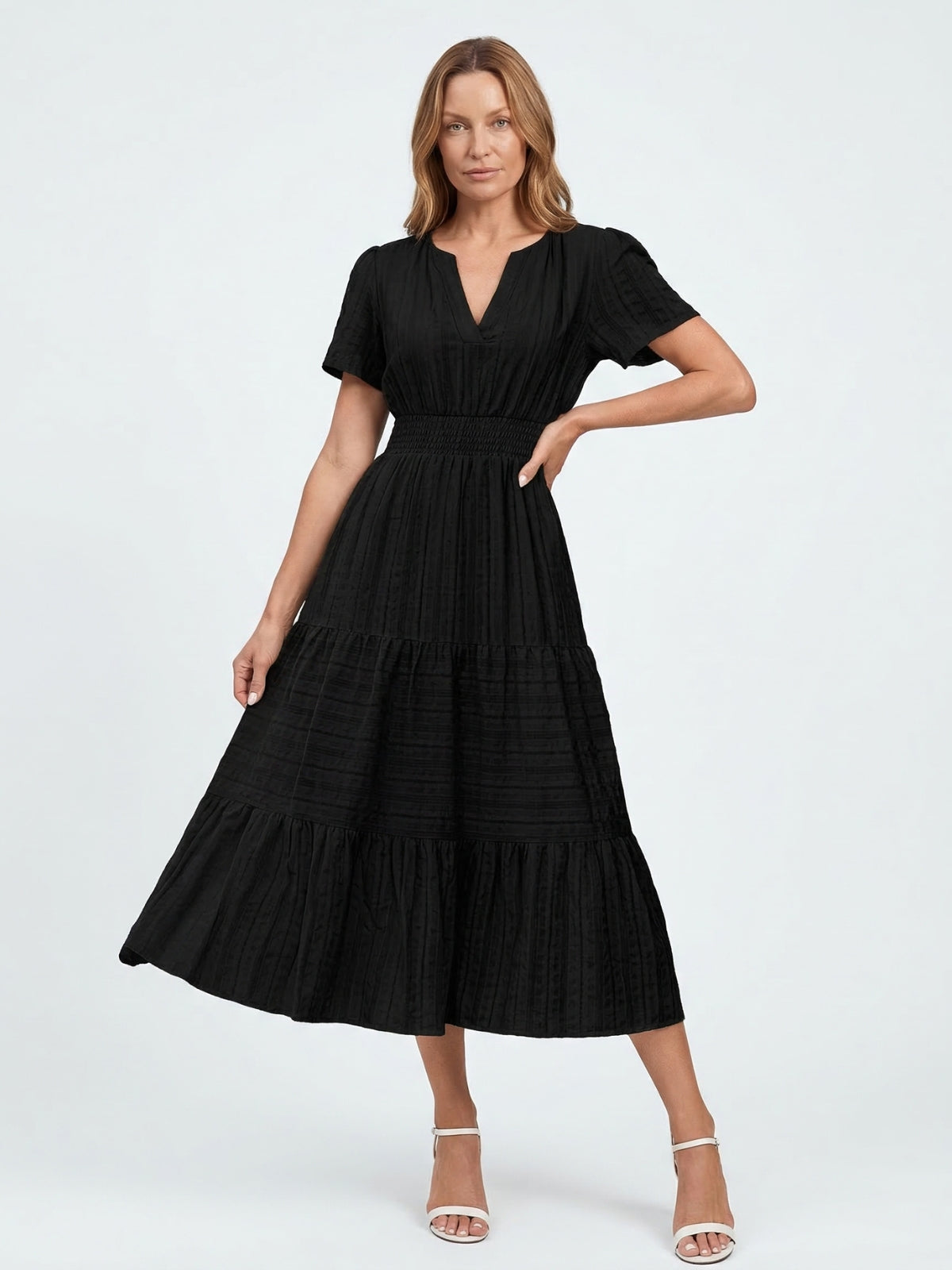 Split Neck Short Sleeve Smocked Tiered Midi Dress 14