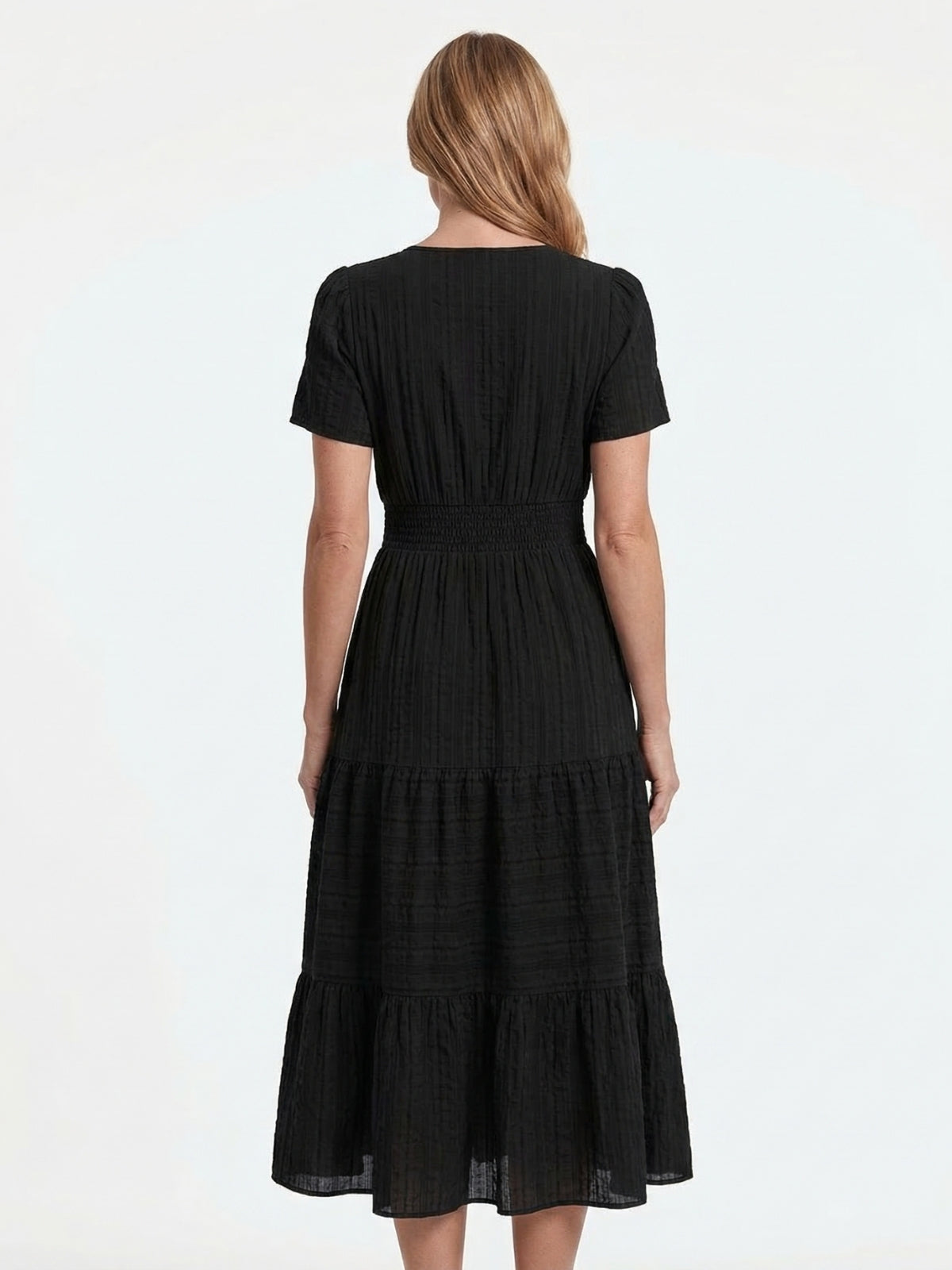 Split Neck Short Sleeve Smocked Tiered Midi Dress 15