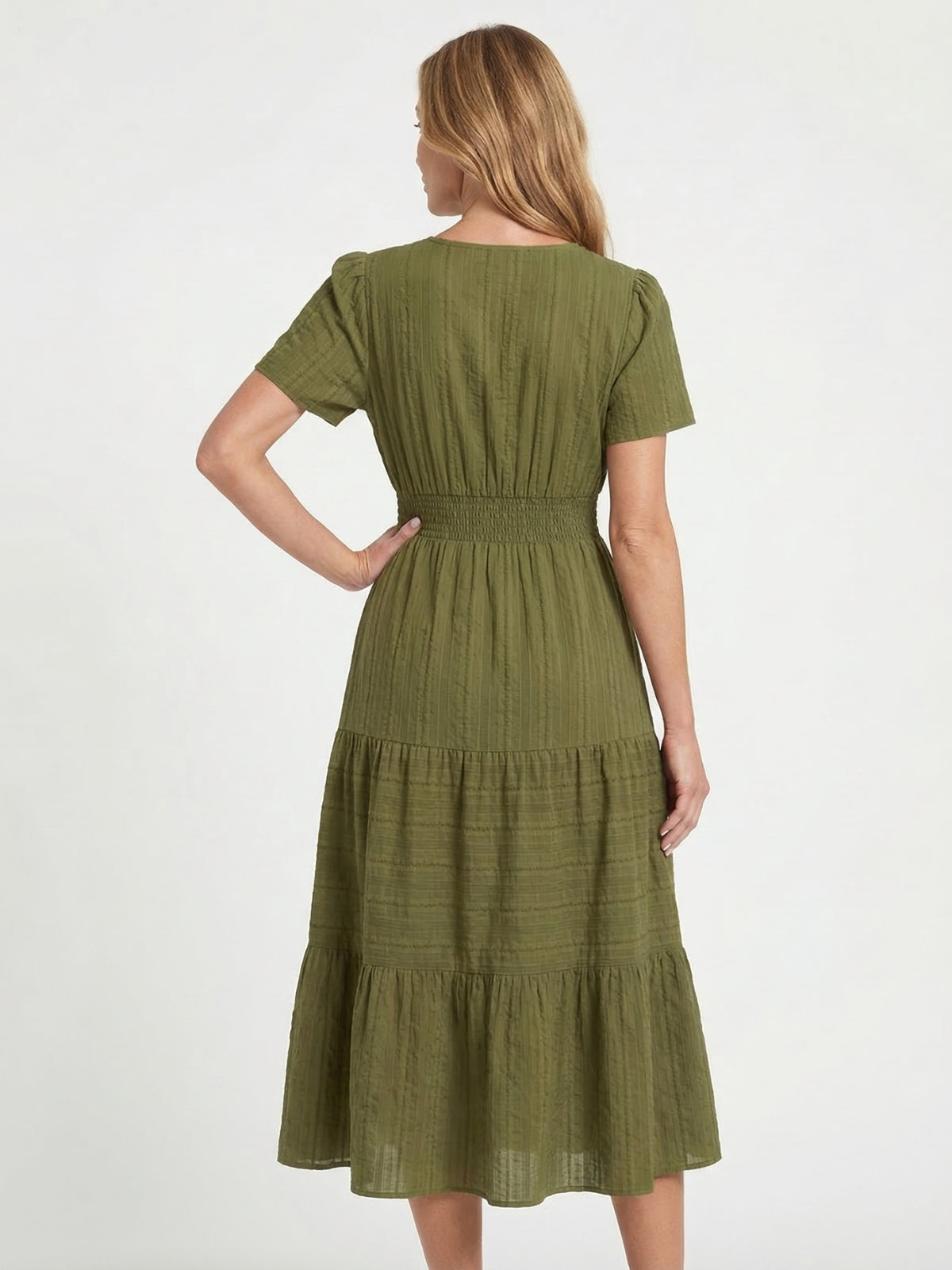 Split Neck Short Sleeve Smocked Tiered Midi Dress 9