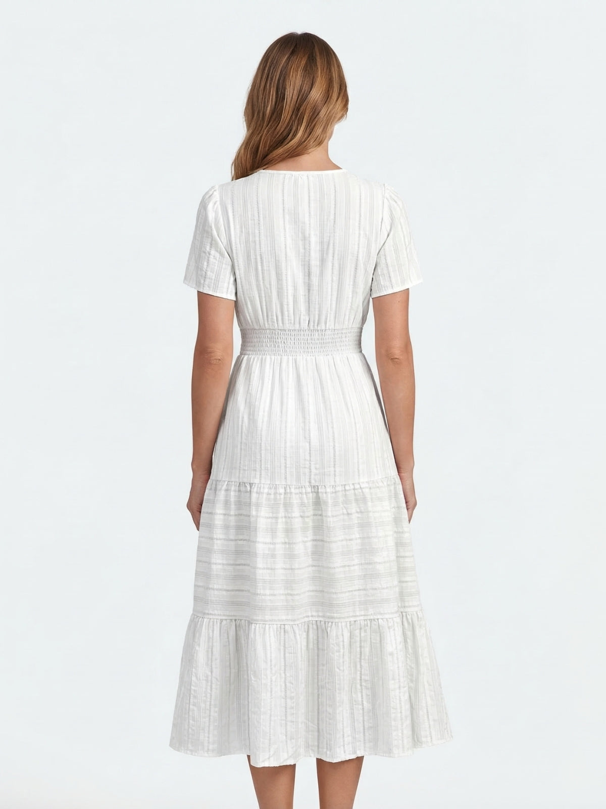Split Neck Short Sleeve Smocked Tiered Midi Dress 21