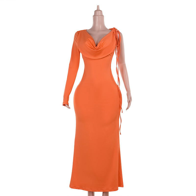 Shoulder Long Sleeve Swing Collar TiedElegant Slim Fit Hip Dress