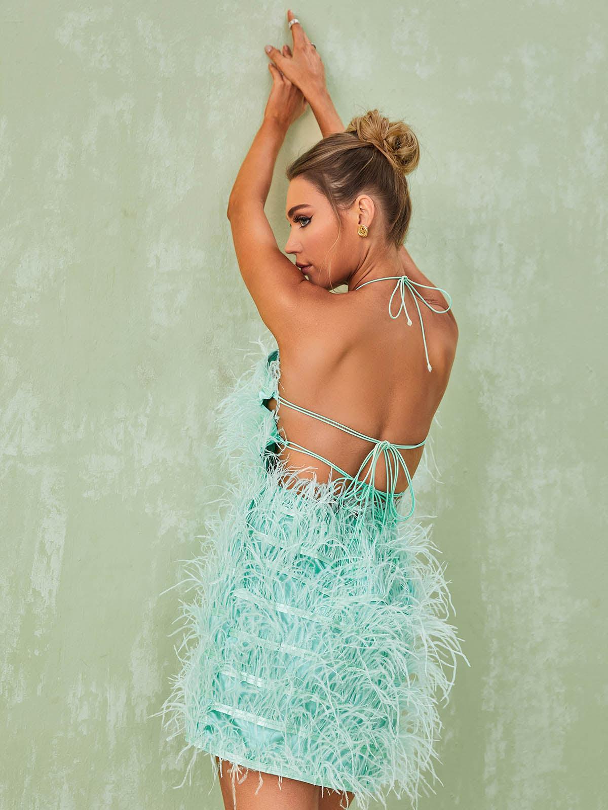 Feather Halter Neck Bodycon Mini Dress