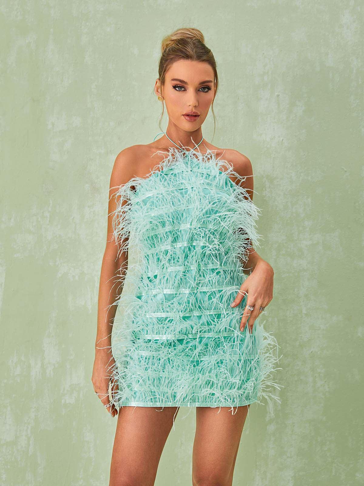 Feather Halter Neck Bodycon Mini Dress