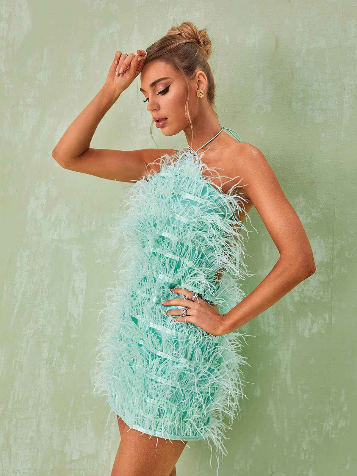 Feather Halter Neck Bodycon Mini Dress
