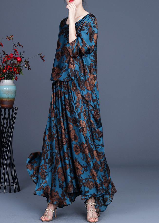 Silk Floral Irregular Dress Blue Half Sleeve