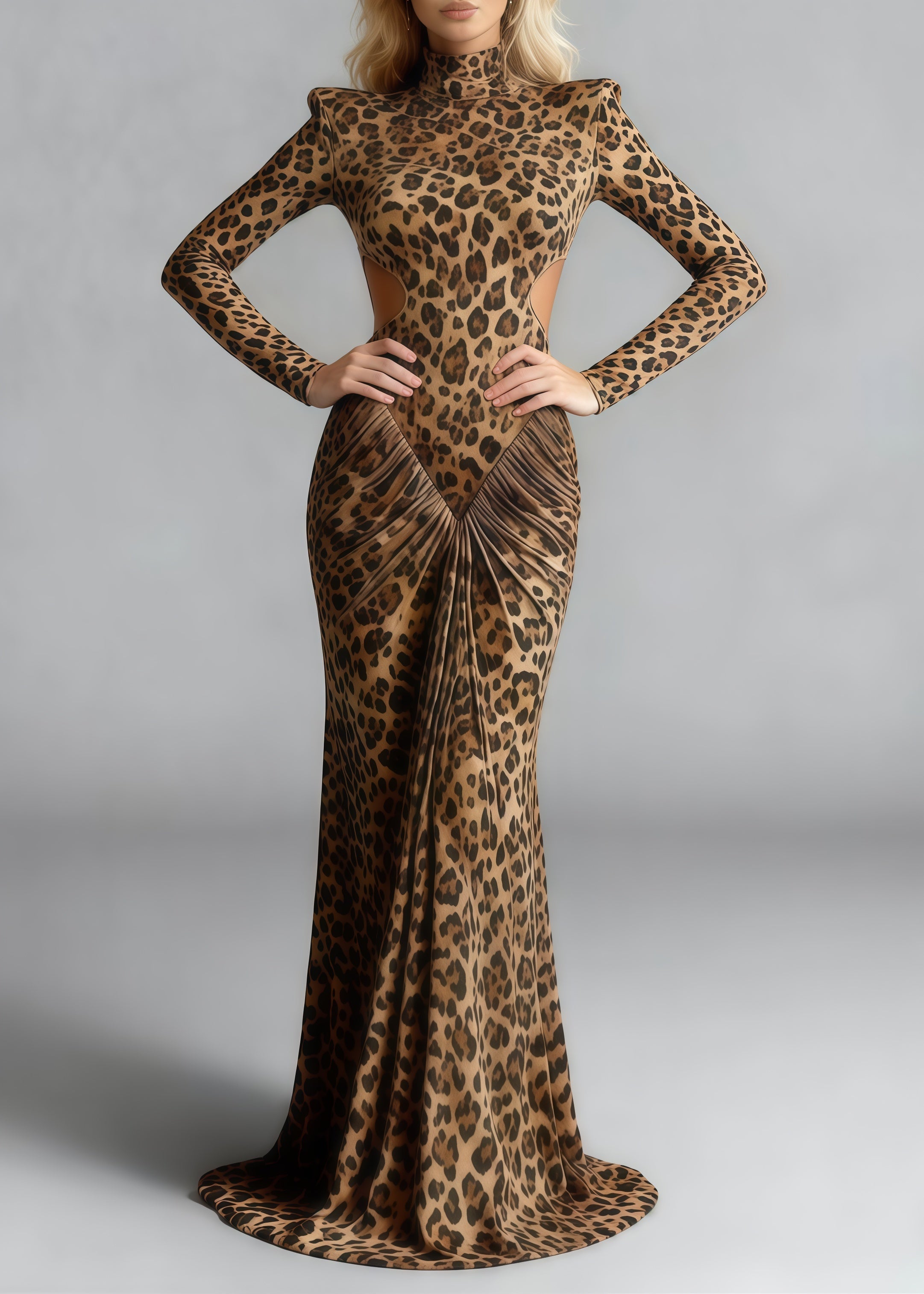 Leopard Print Mock Neck Long Sleeve Cut Out Ruched Bodycon Maxi Gown