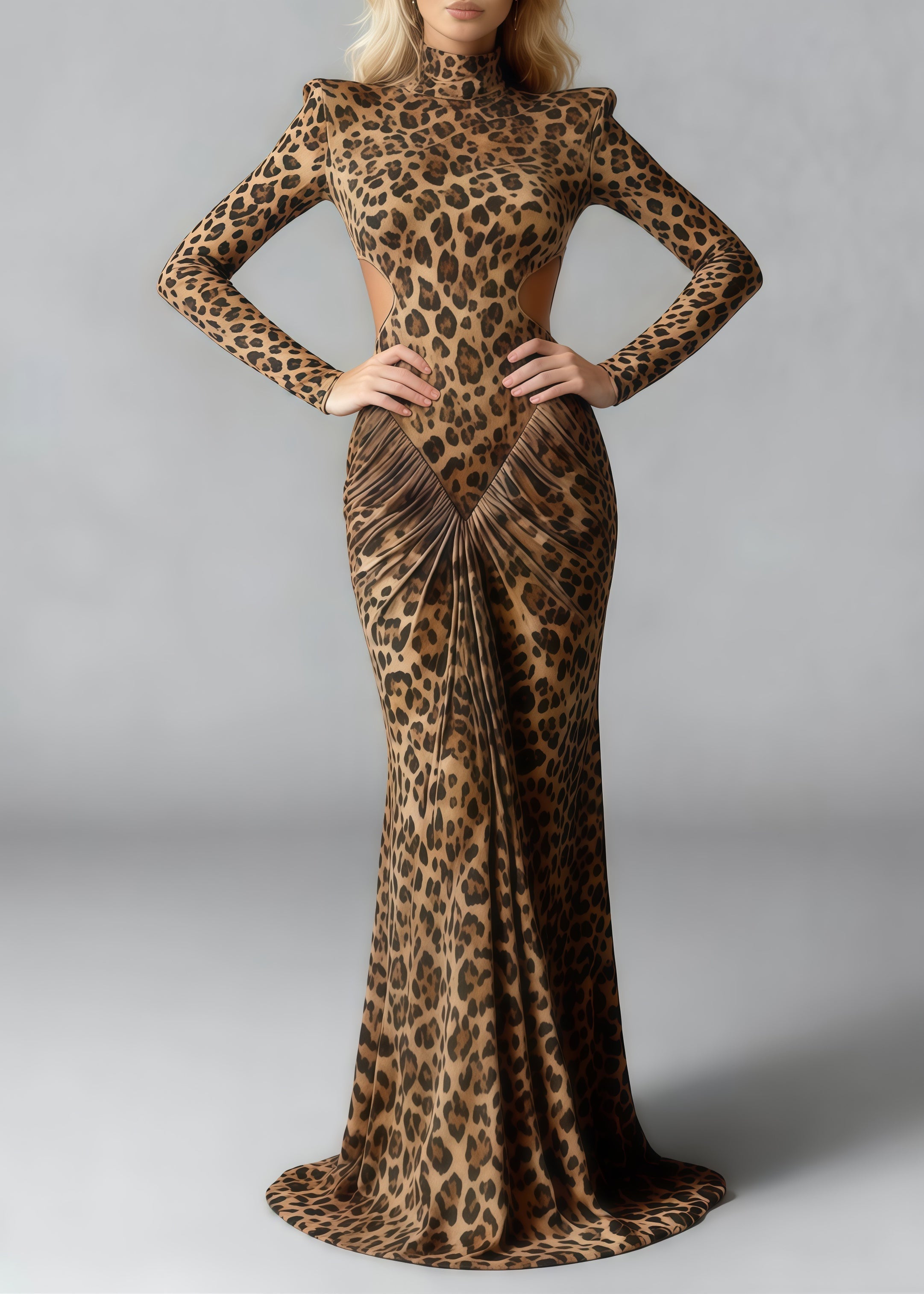 Leopard Print Mock Neck Long Sleeve Cut Out Ruched Bodycon Maxi Gown
